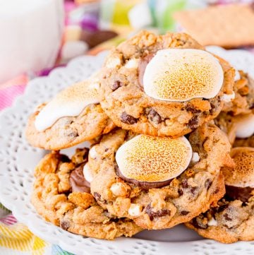 S'mores Cookies stacked on white plate