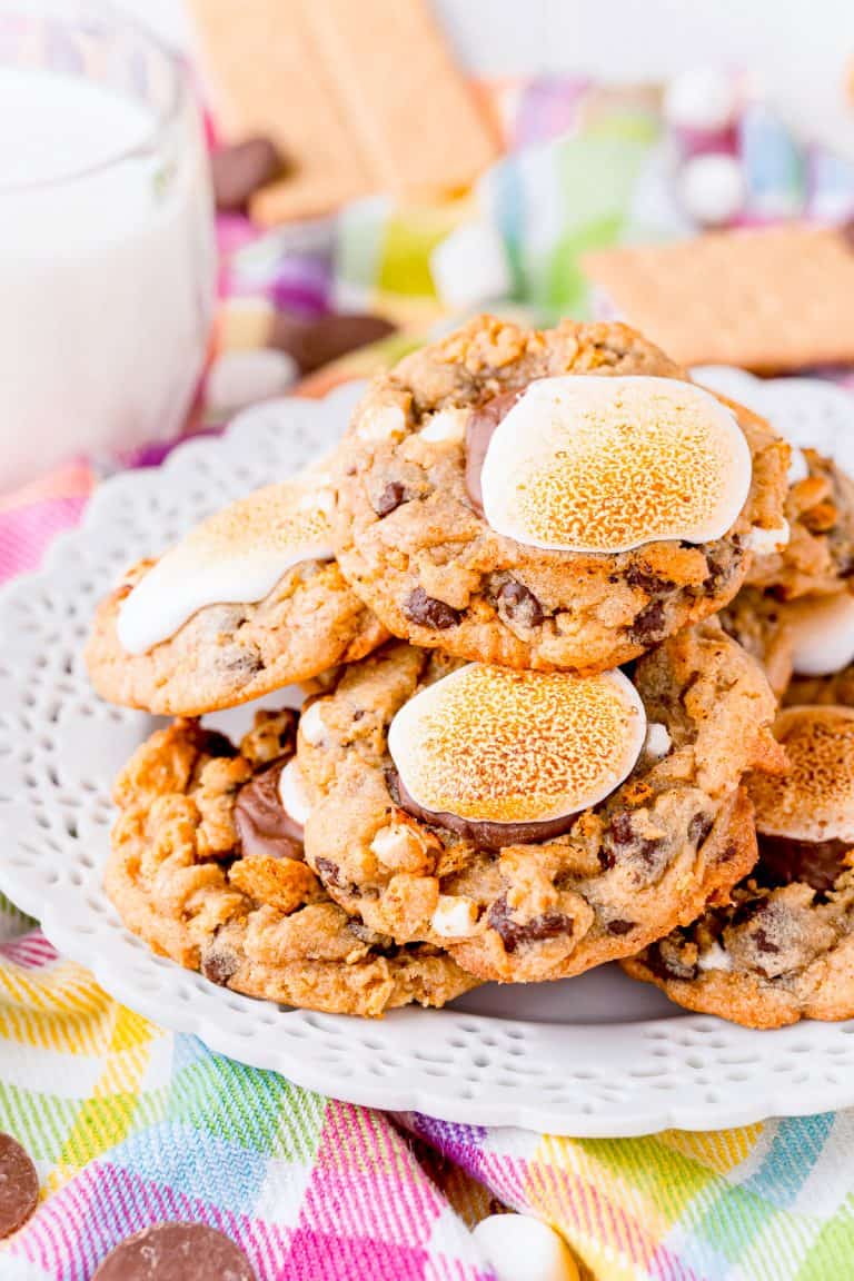 S'mores Cookies stacked on white plate