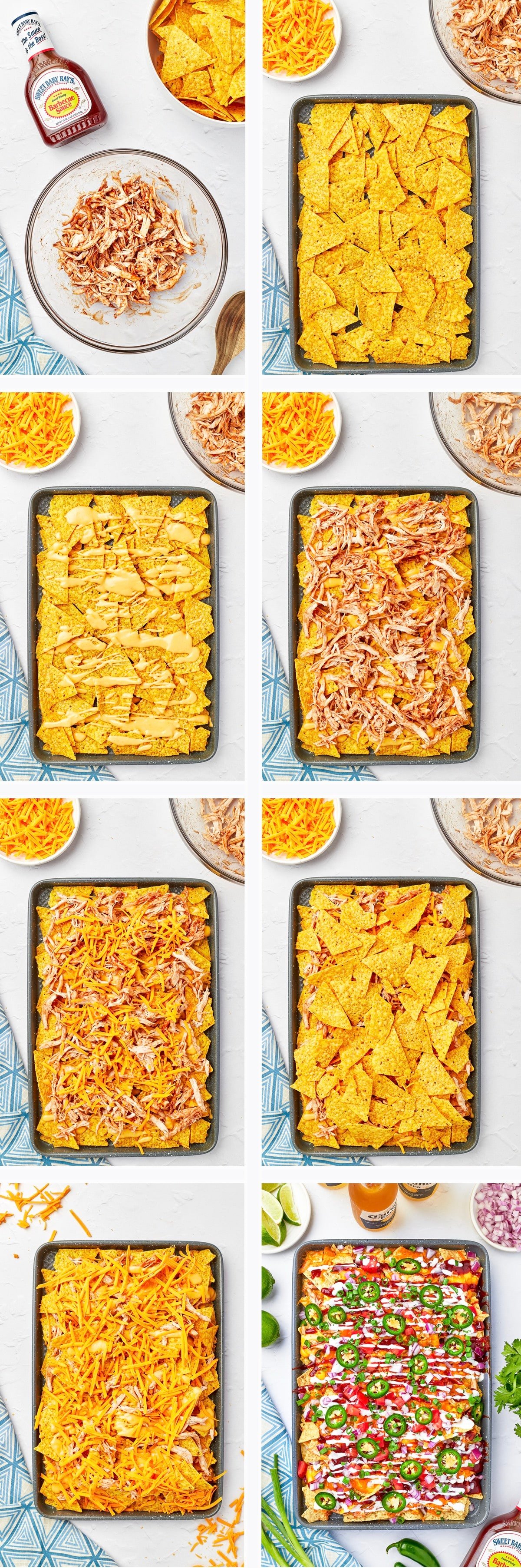 Overhead shots of a collage showing how to assemble BBQ Chicken Nachos on a white stucco table top