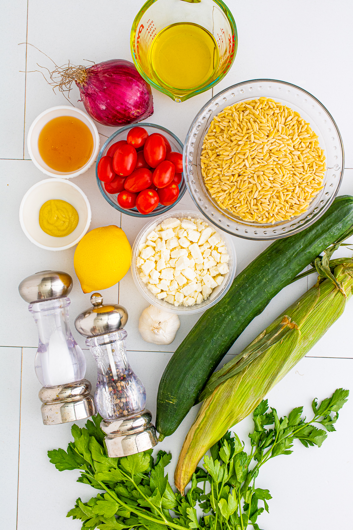 Ingredients needed to make Orzo Pasta Salad