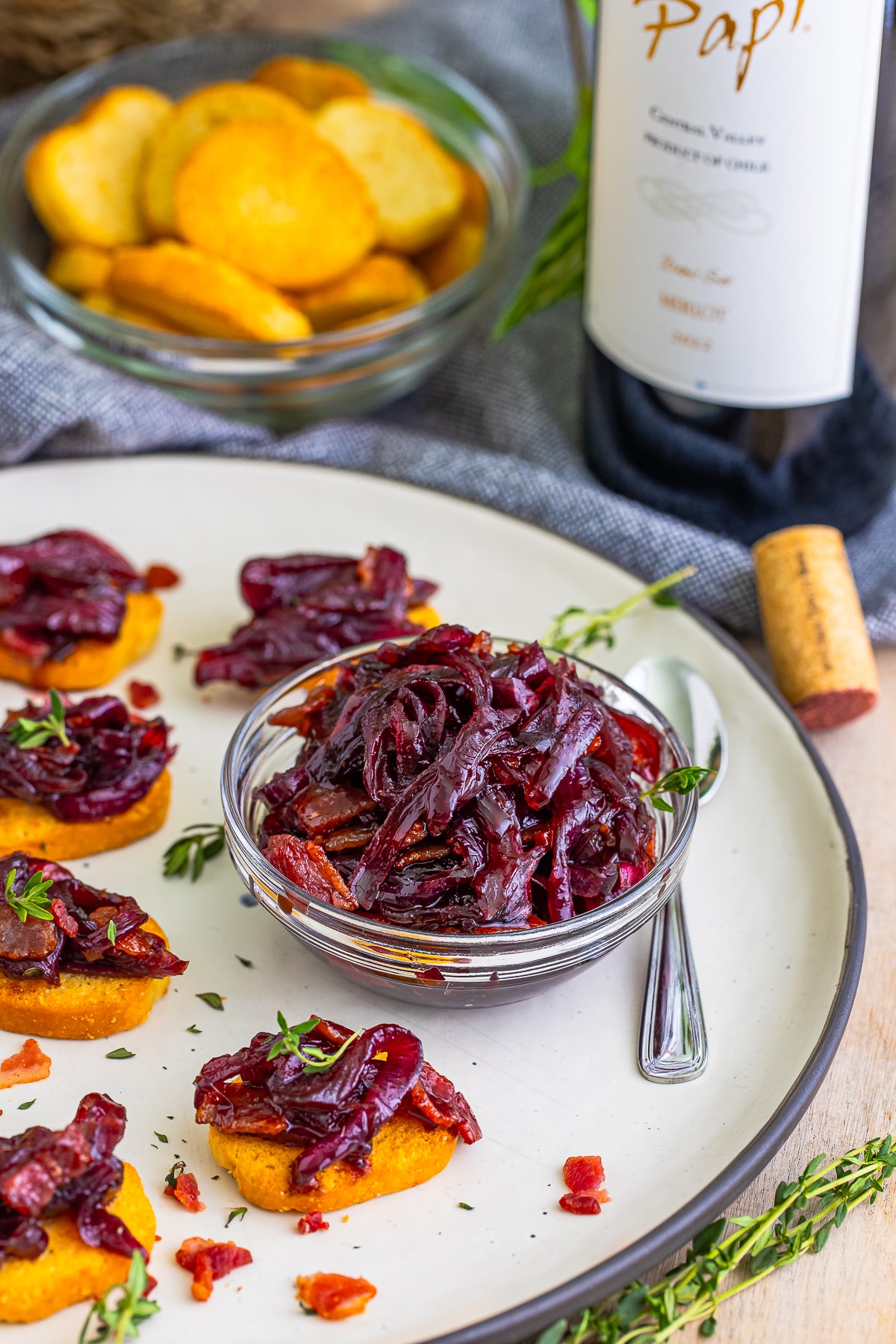 Onion Marmalade on a serving platter in a small glass bowl
