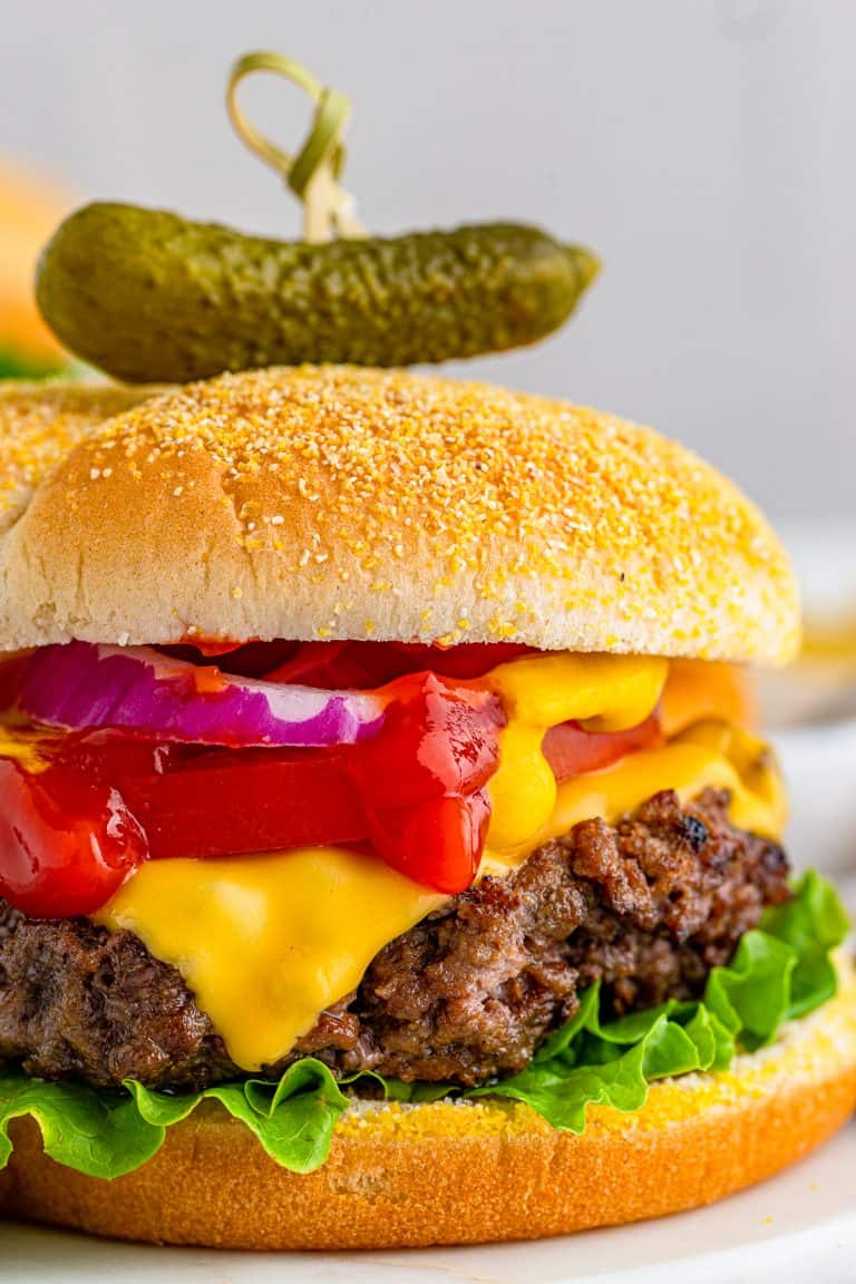 Close up side view of Cheseburger showing the burger and toppings