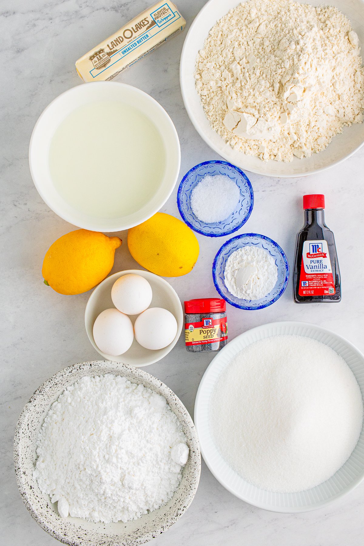 Ingredients needed to make a Lemon Poppy Seed Cake
