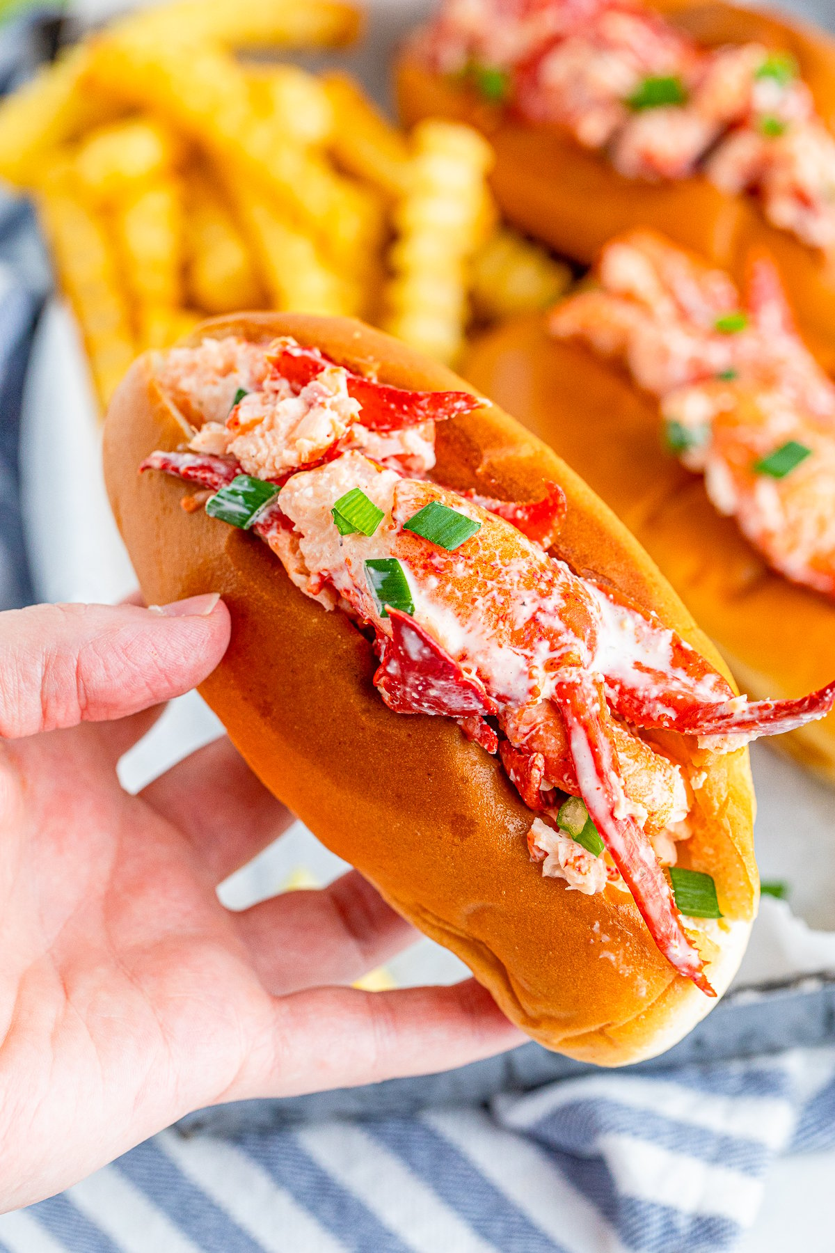 Hand holding up one Lobster Roll
