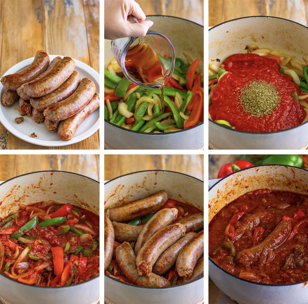 collage of images showing how to make Italian Sausage and Peppers
