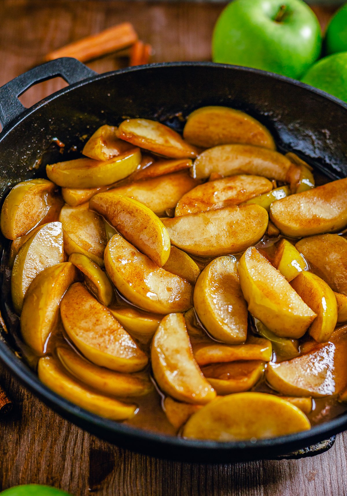 Side view of Fried Apples in skillet.