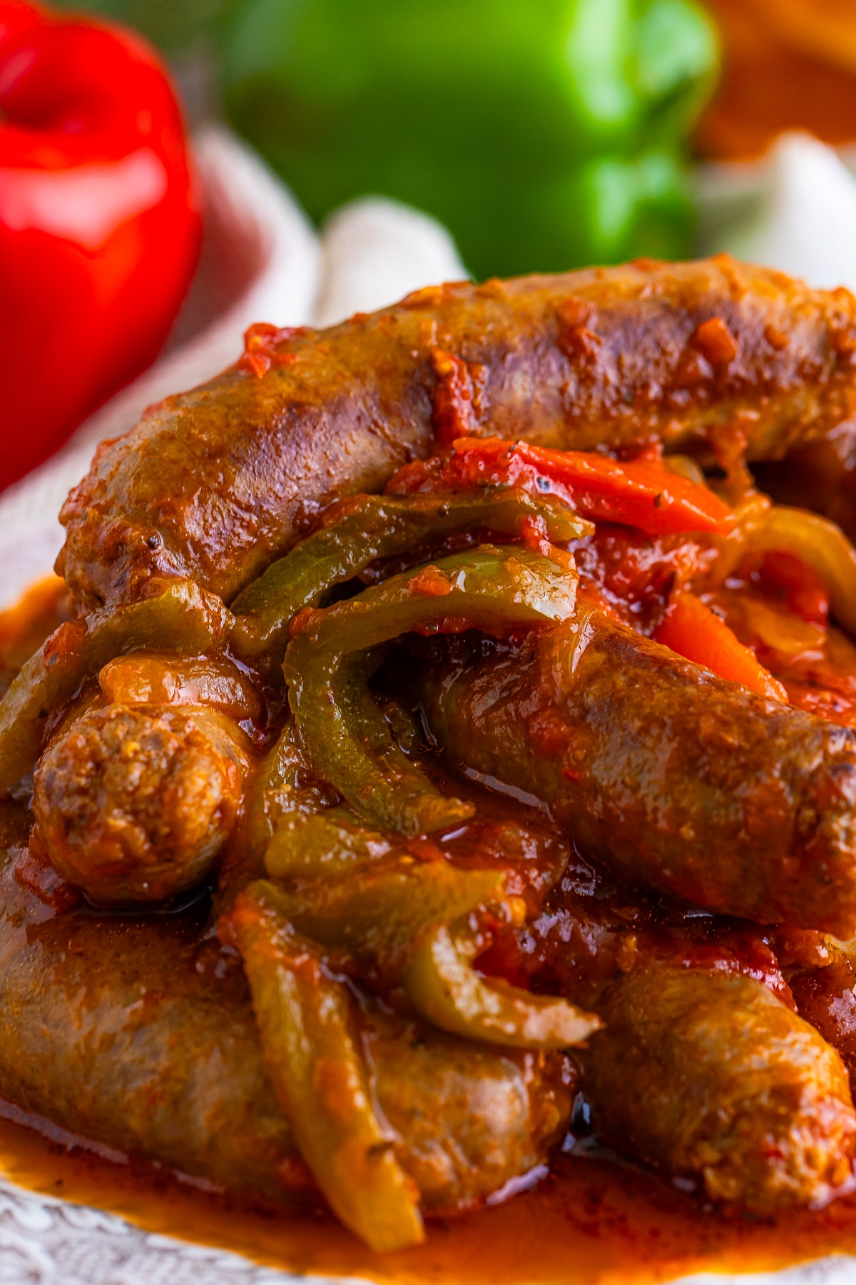 up close image of Italian Sausage and Peppers served on a plate