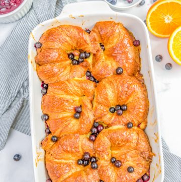 Overhead of French Toast finished in baking dish.