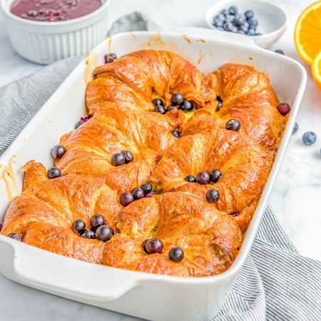 Square image of French Toast in baking dish.