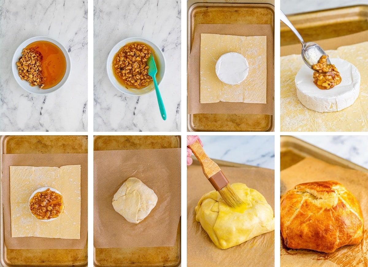 collage of images showing how to make Baked Brie in Puff Pastry