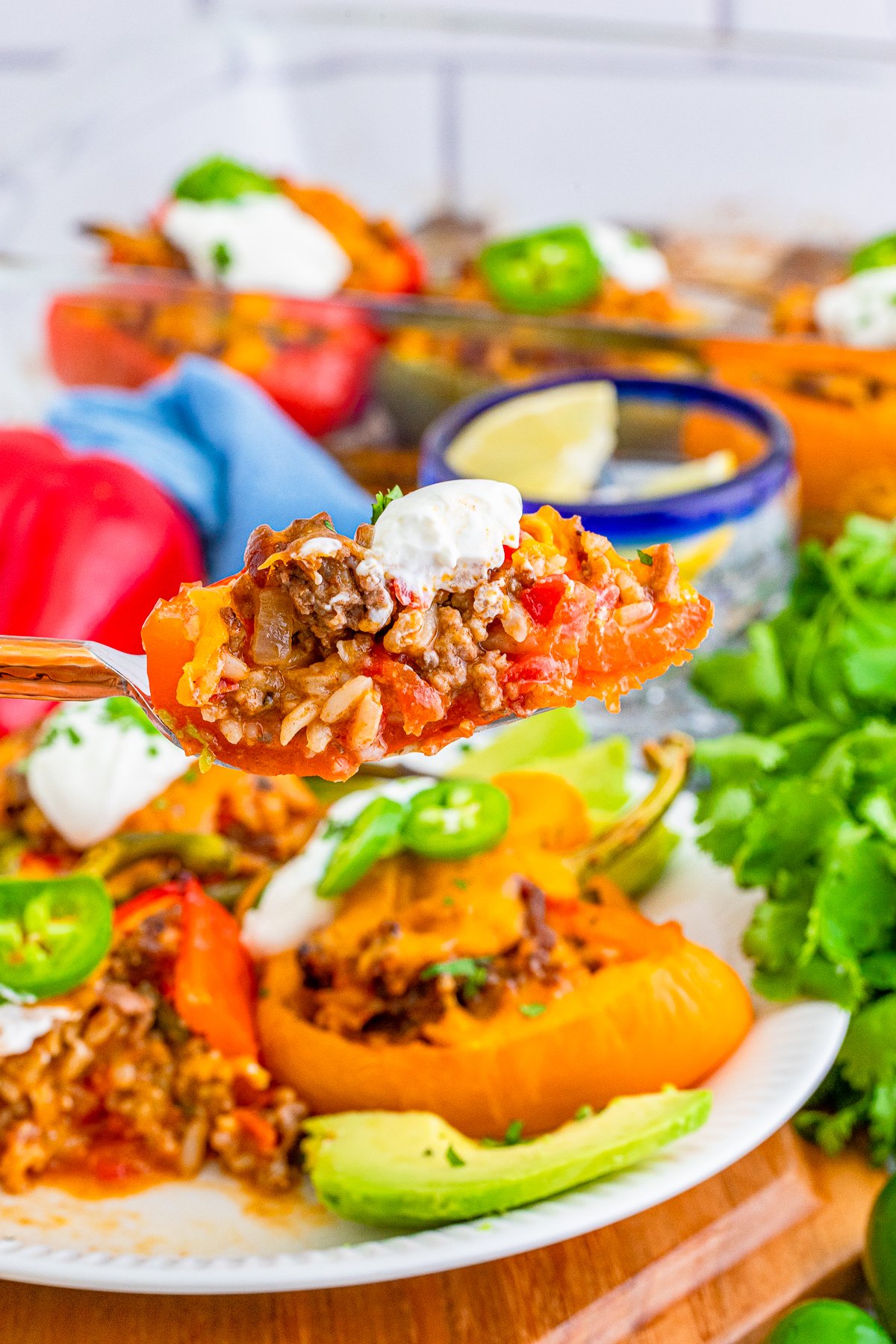 Bite of Mexican Stuffed Peppers on a fork