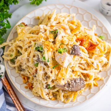 A plate of creamy turkey tetrazzini with spaghetti, mushrooms, and peas in a rich cheese sauce, garnished with parsley.