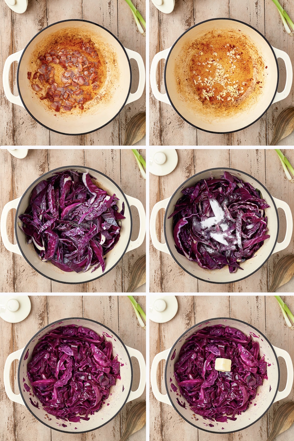 Collage of photos showing how to make sweet and sour cabbage in a white dutch oven on a wooden table top
