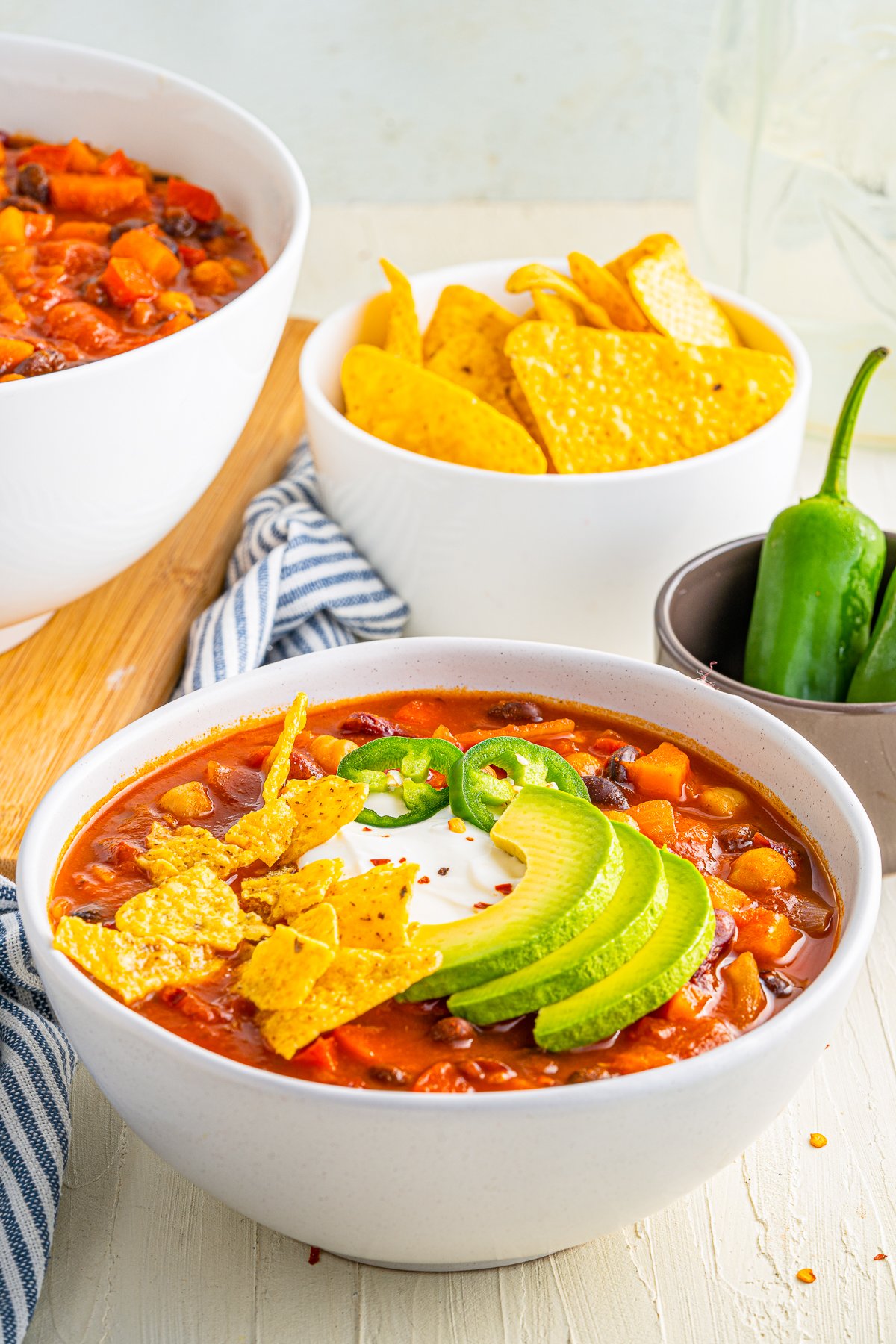 Close up of garnished bowl of the Vegetarian Chili Recipe.