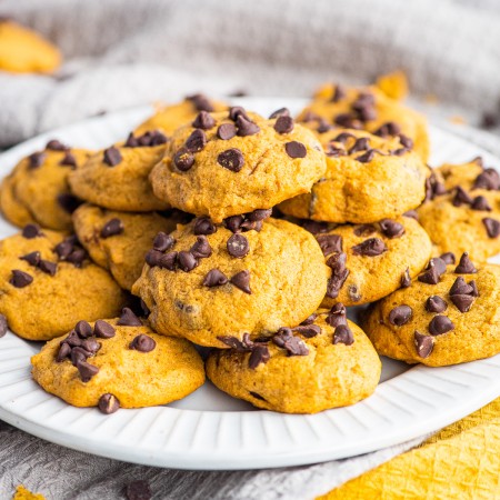 Square image of Pumpkin Chocolate Chip Cookies on white plate.
