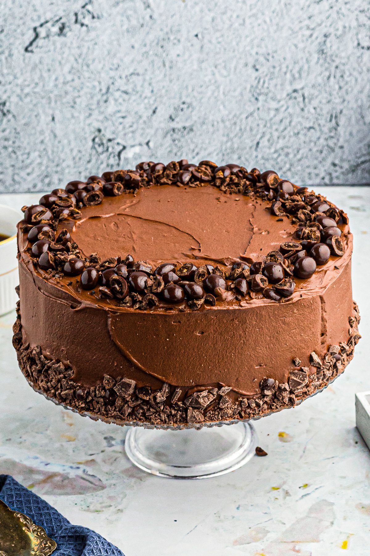 Finished Chocolate Espresso Cake on cake stand.