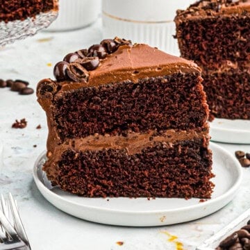 Square image of slice of cake on white plate.