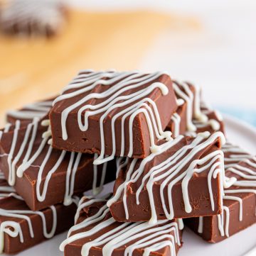 Easy Chocolate Fudge Stacked on mini cake stand.