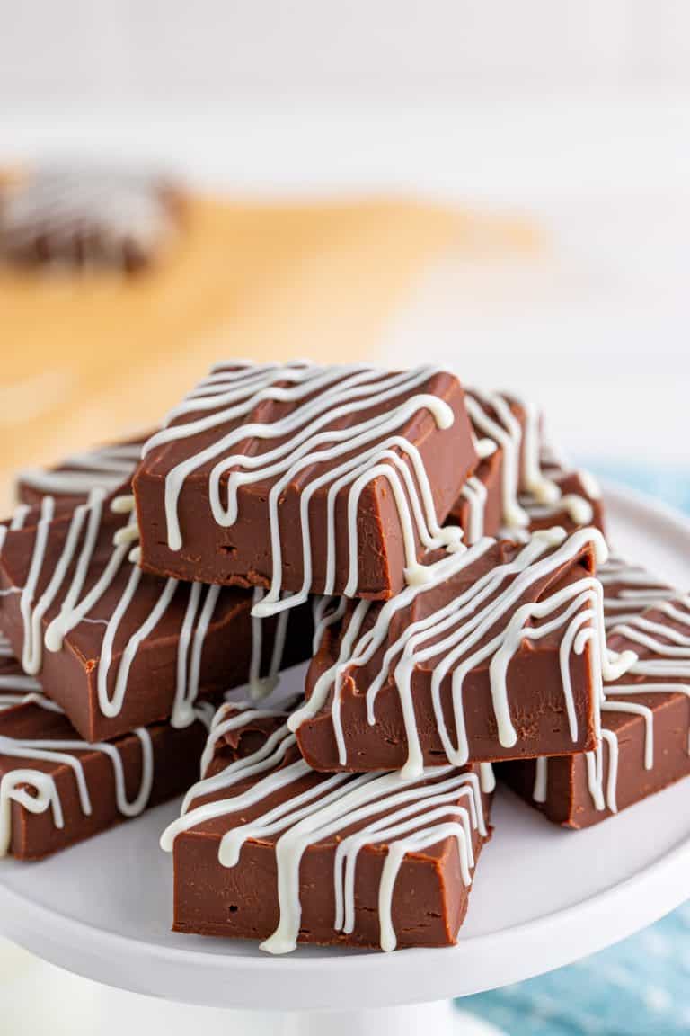 Easy Chocolate Fudge Stacked on mini cake stand.