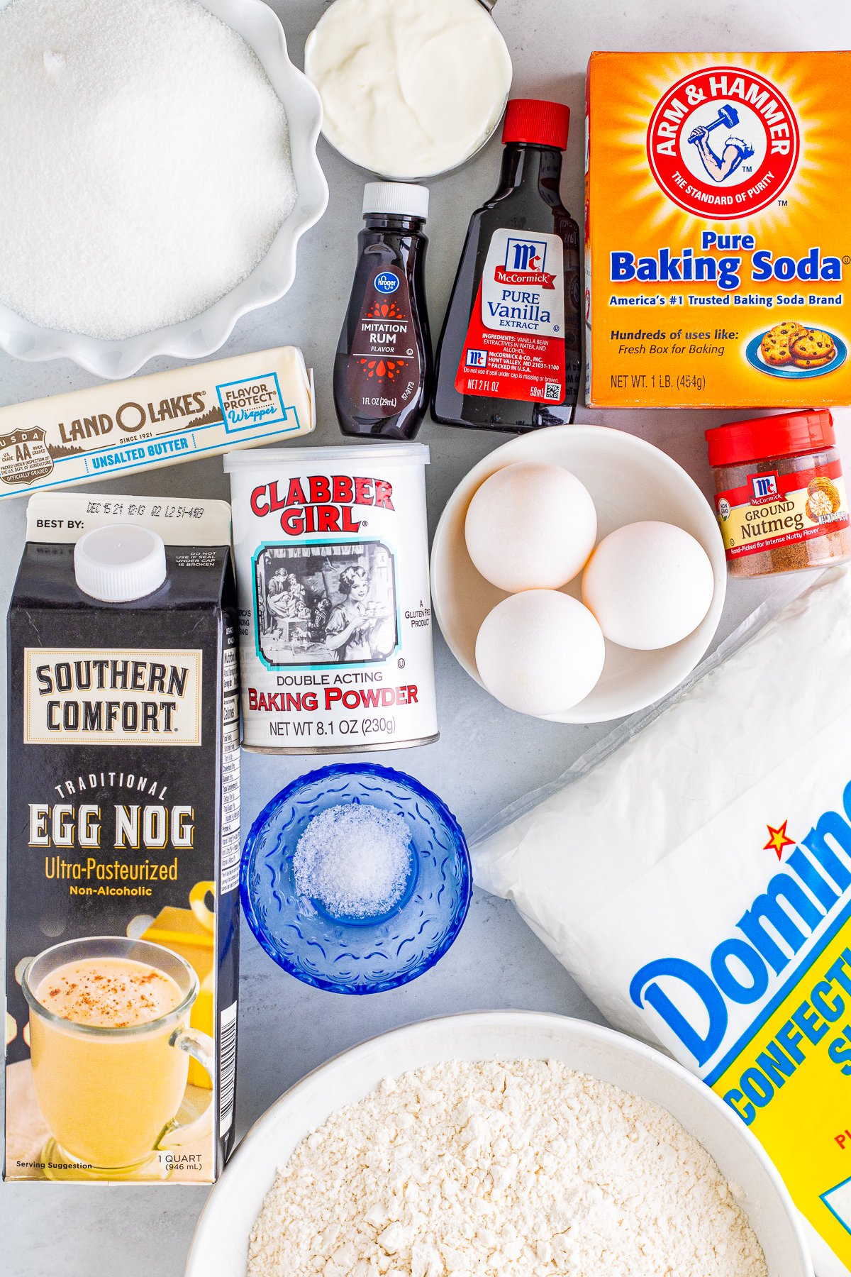 Ingredients needed to make Eggnog Cake.
