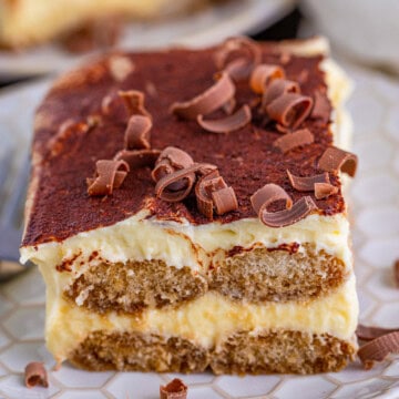 Square image of a slice of Tiramisu on plate.