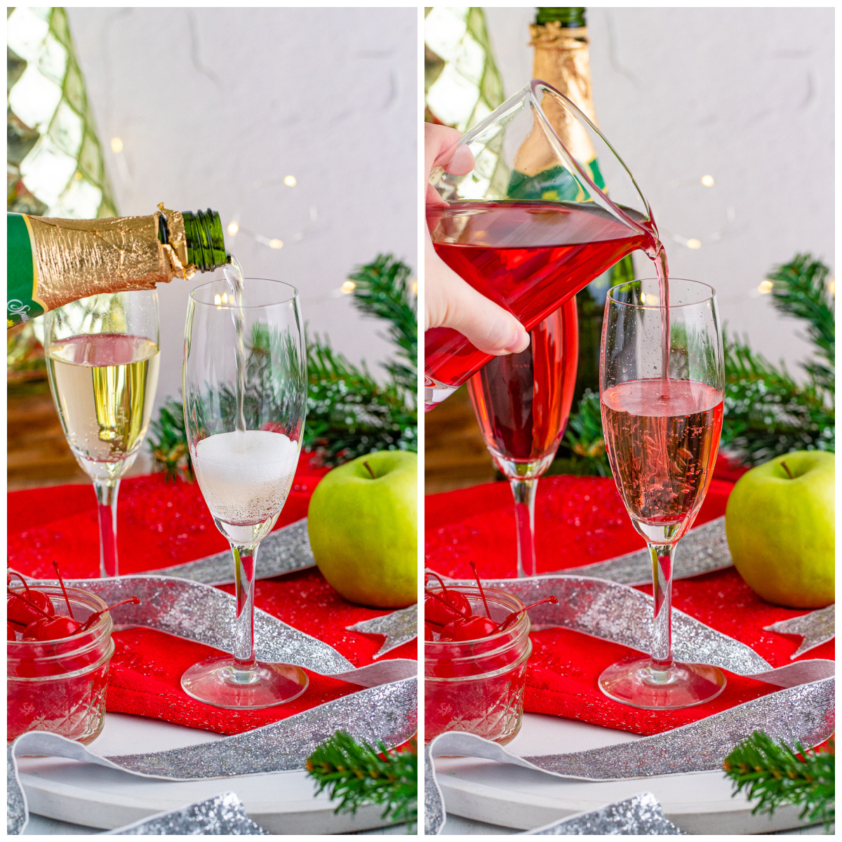 Step by step photos on how to make Christmas Mimosa Mocktails.
