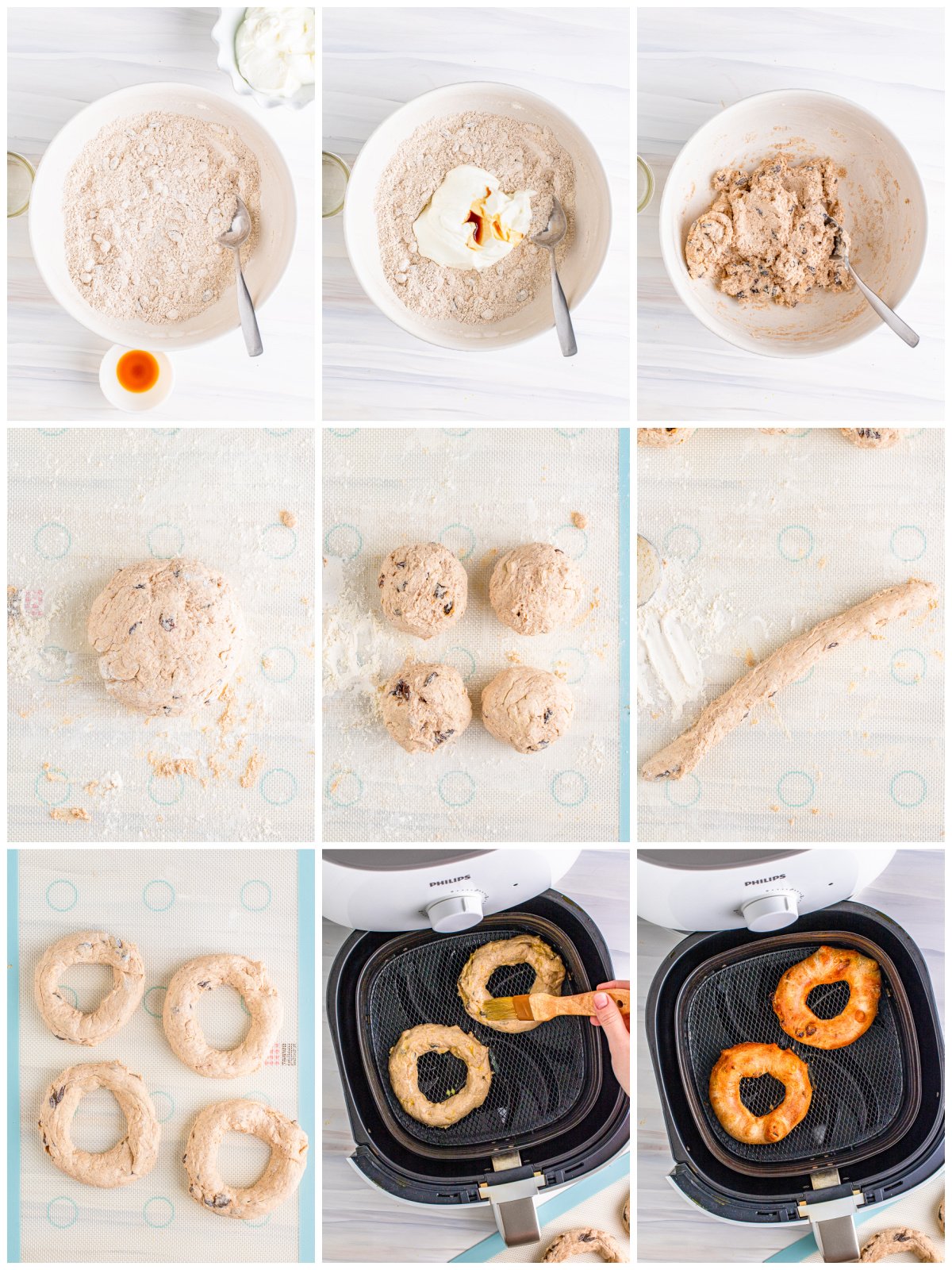 Step by step photos on how to make Air Fryer Cinnamon Raisin Bagels.