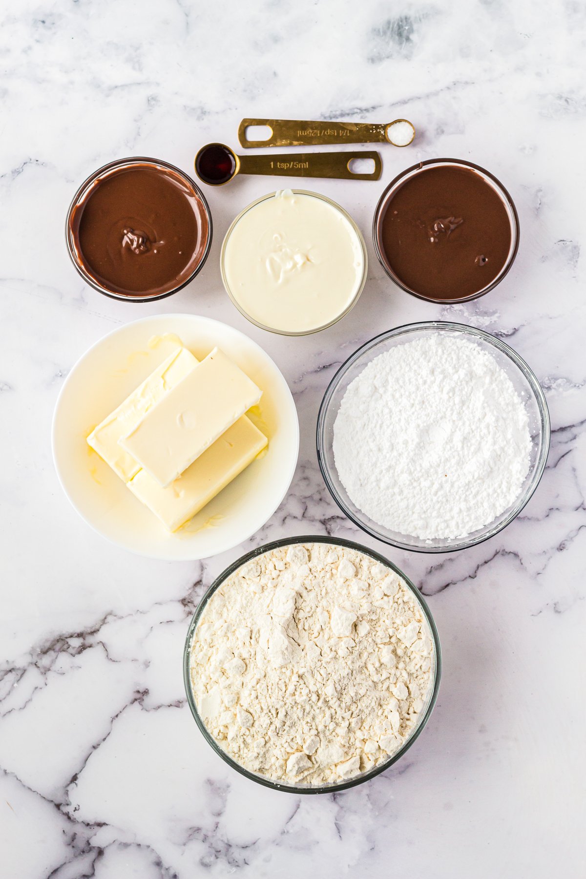 Ingredients needed to make Chocolate Dipped Shortbread Cookies.