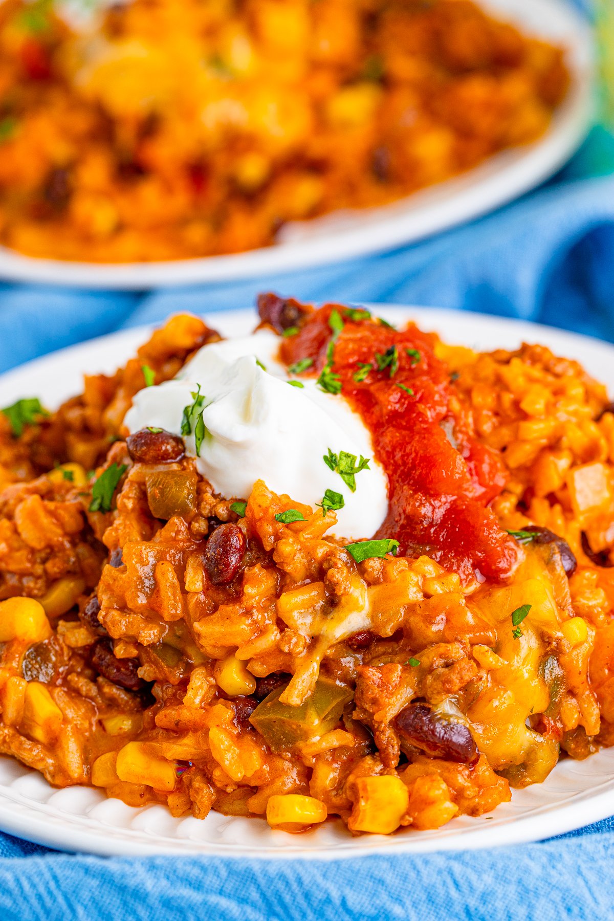 Close up of Mexican Rice Casserole showing the toppings.