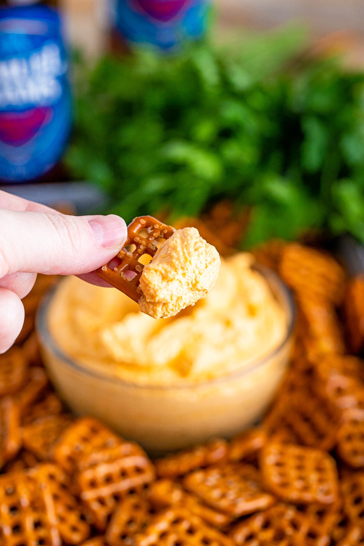 Hand holding up one pretzel with dip on it.