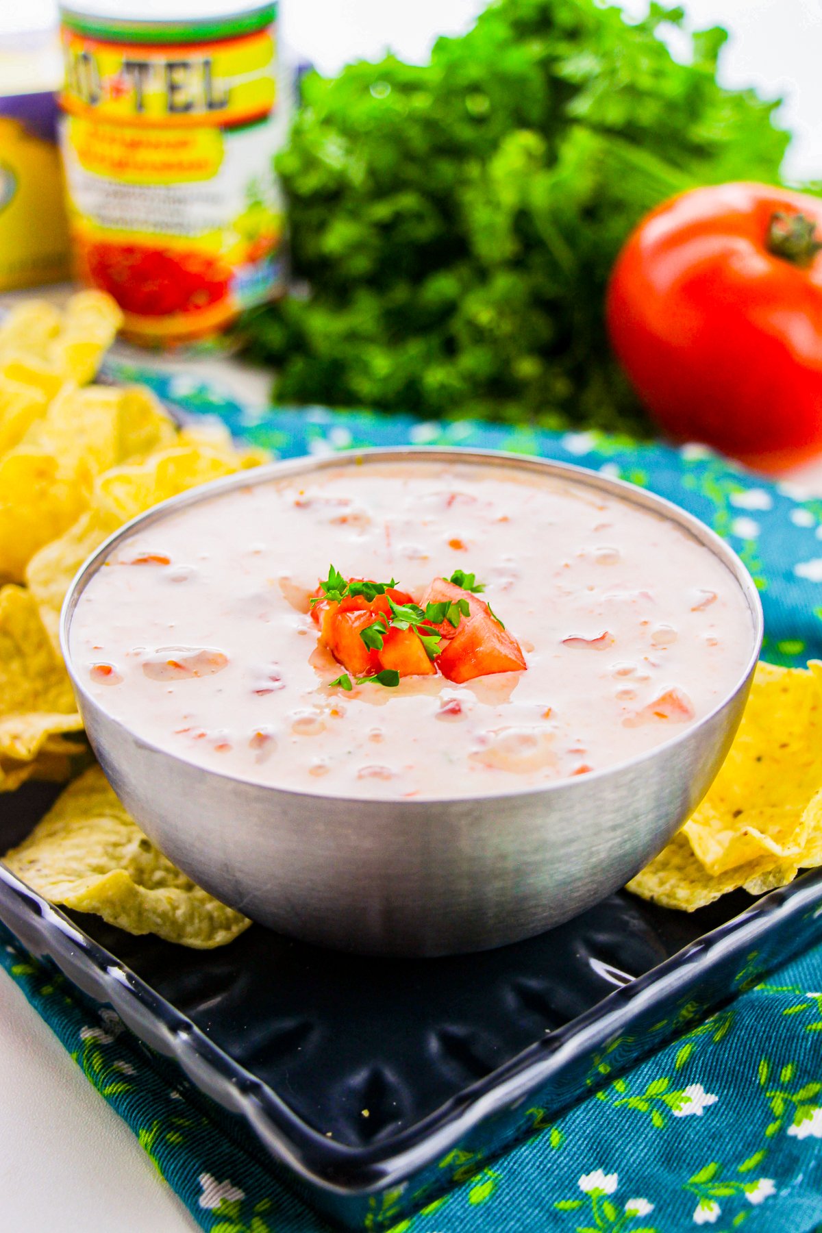 Queso Dip Recipe in silver bowl topped with tomatoes on platter with chips.