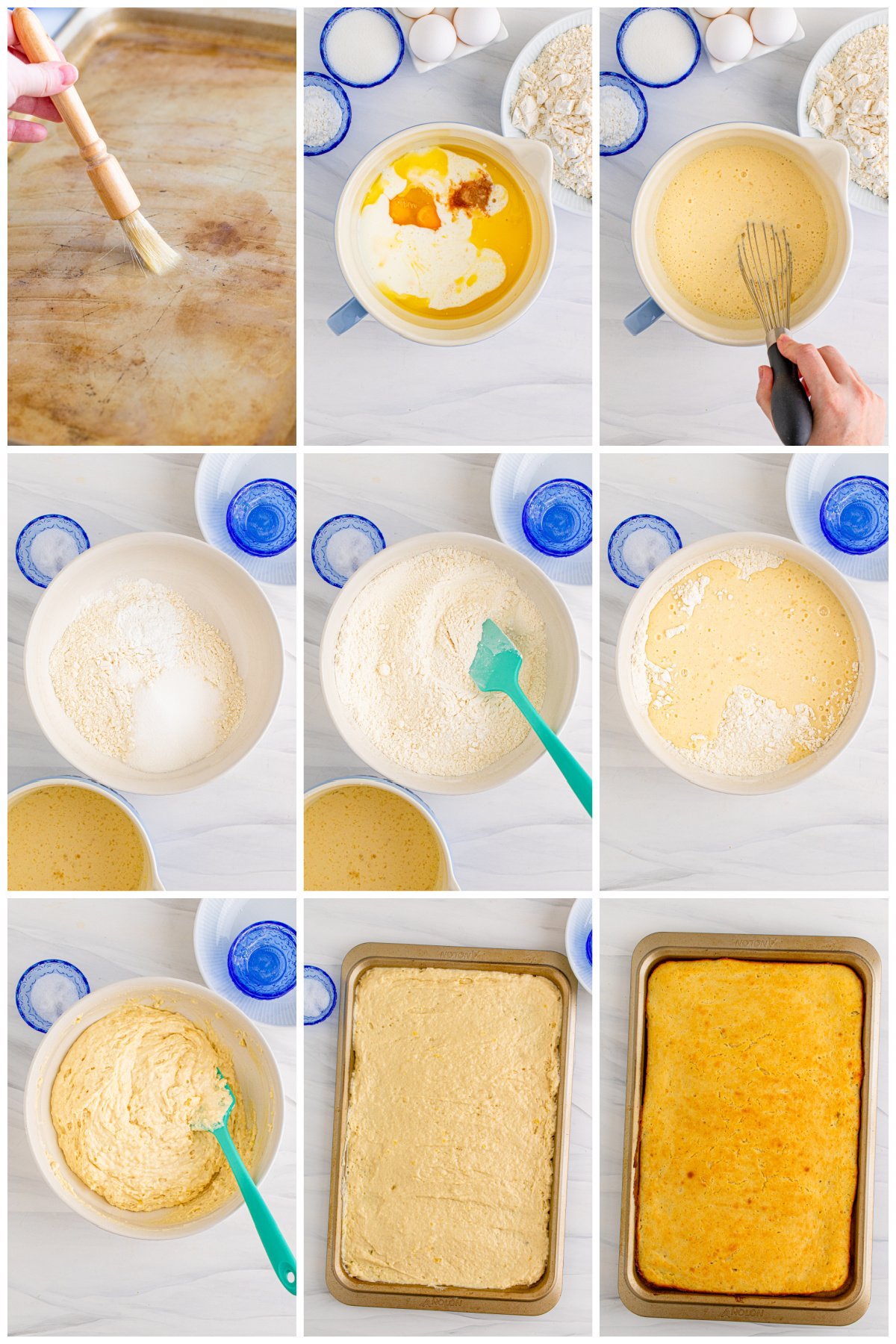 Step by step photos on how to make Sheet Pan Pancakes.