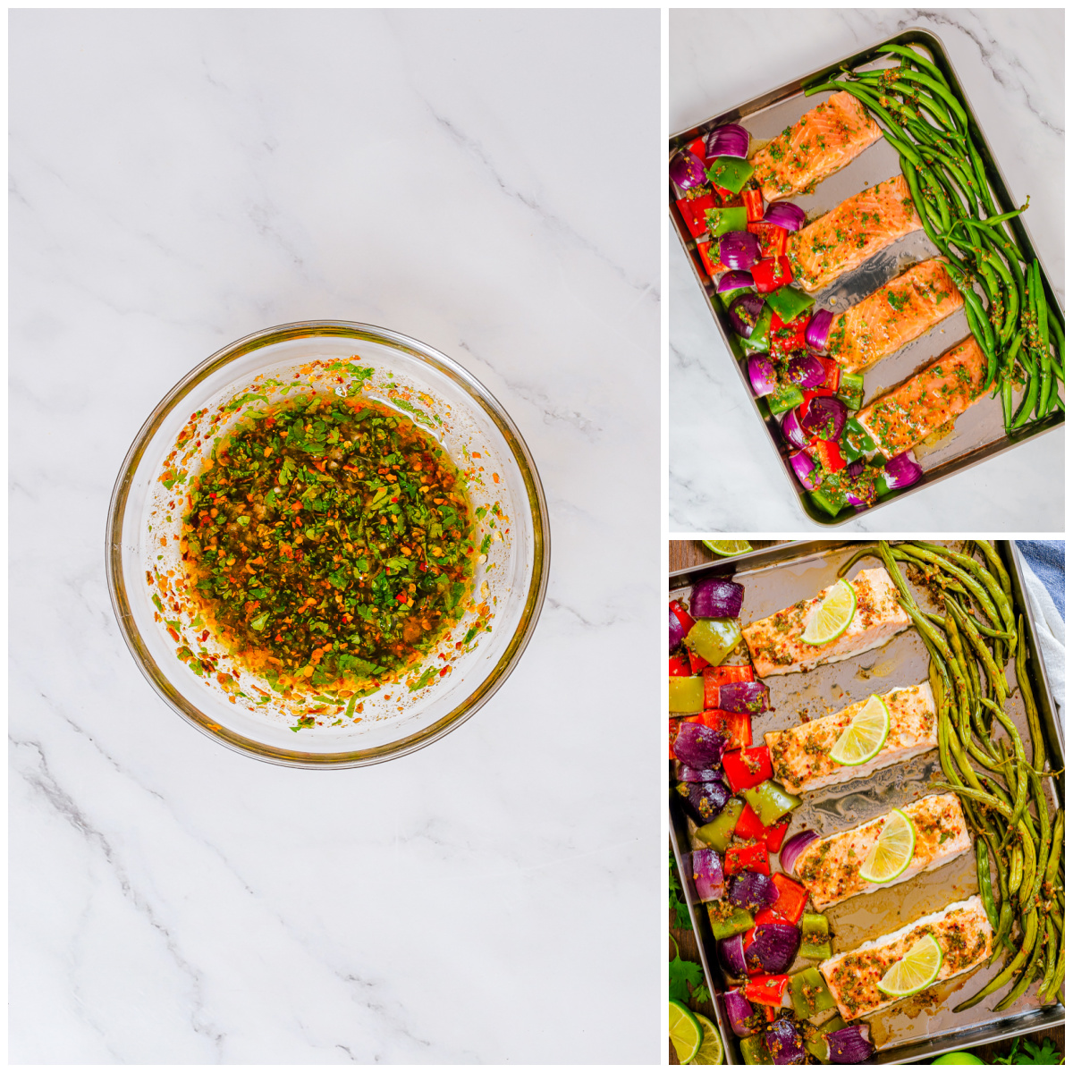 Step by step photos on how to make a Salmon Sheet Pan Dinner.