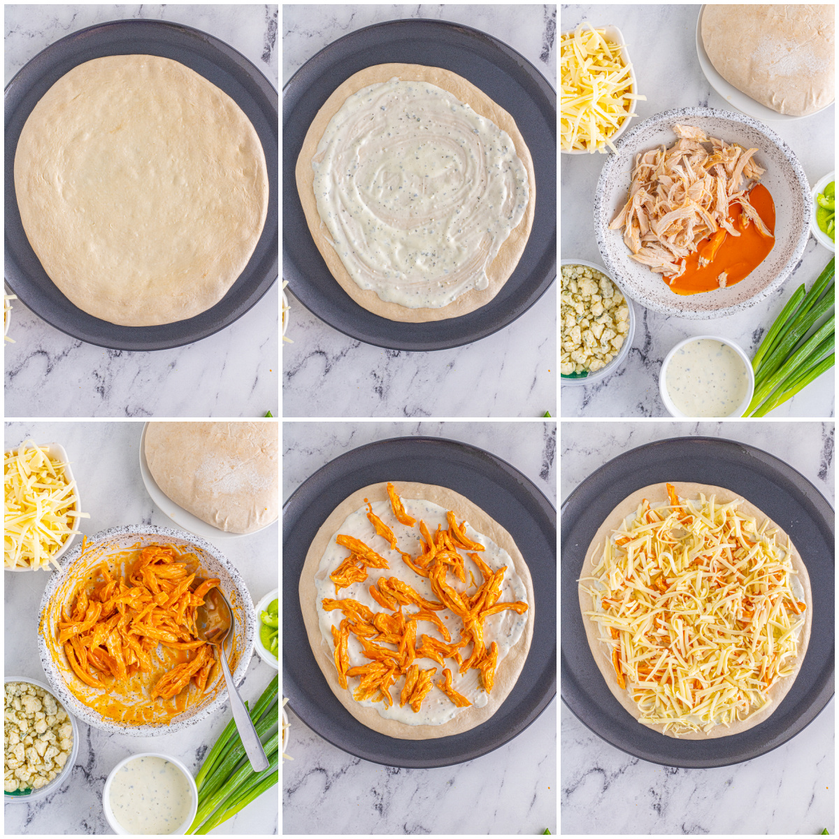 Step by step photos on how to make a Buffalo Chicken Pizza.