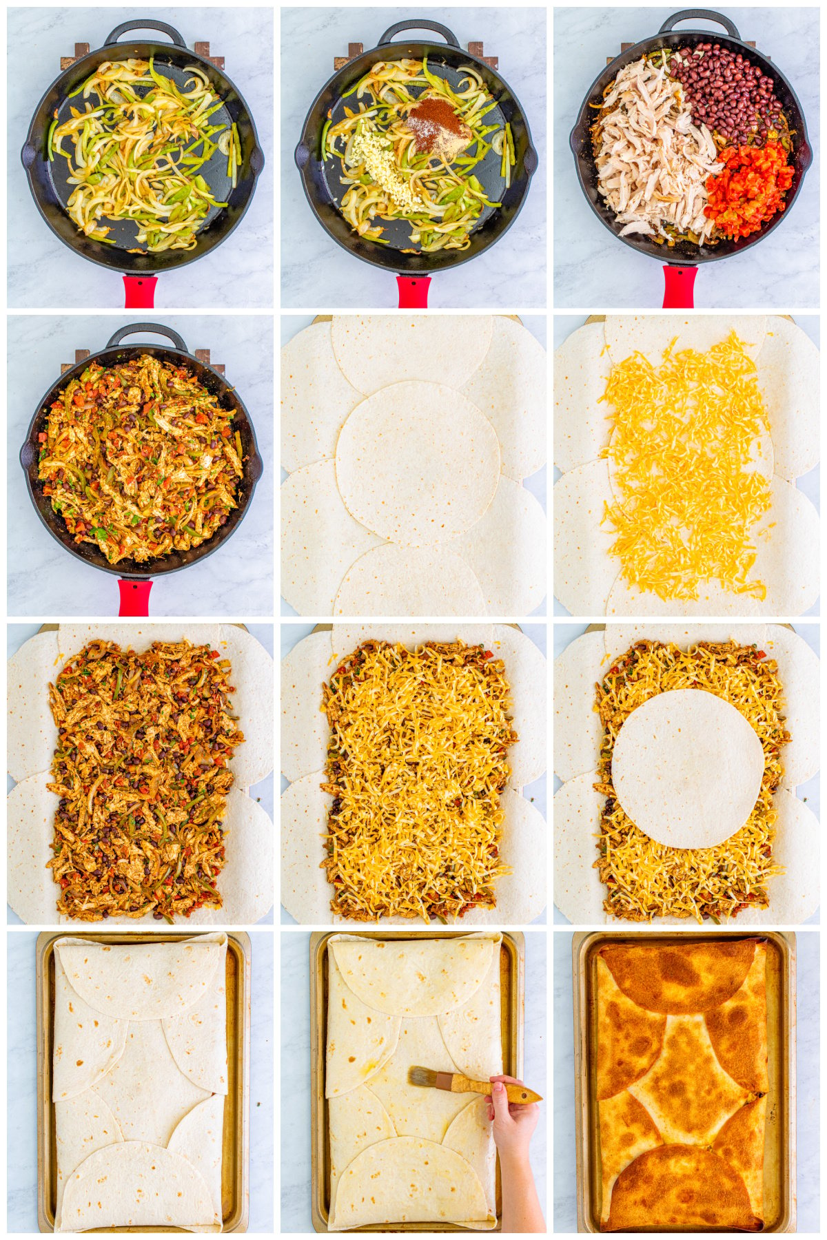 Step by step photos on how to make a Chicken Quesadilla.