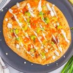 Overhead photo of Finished Buffalo Chicken Pizza.