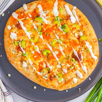 Overhead photo of Finished Buffalo Chicken Pizza.