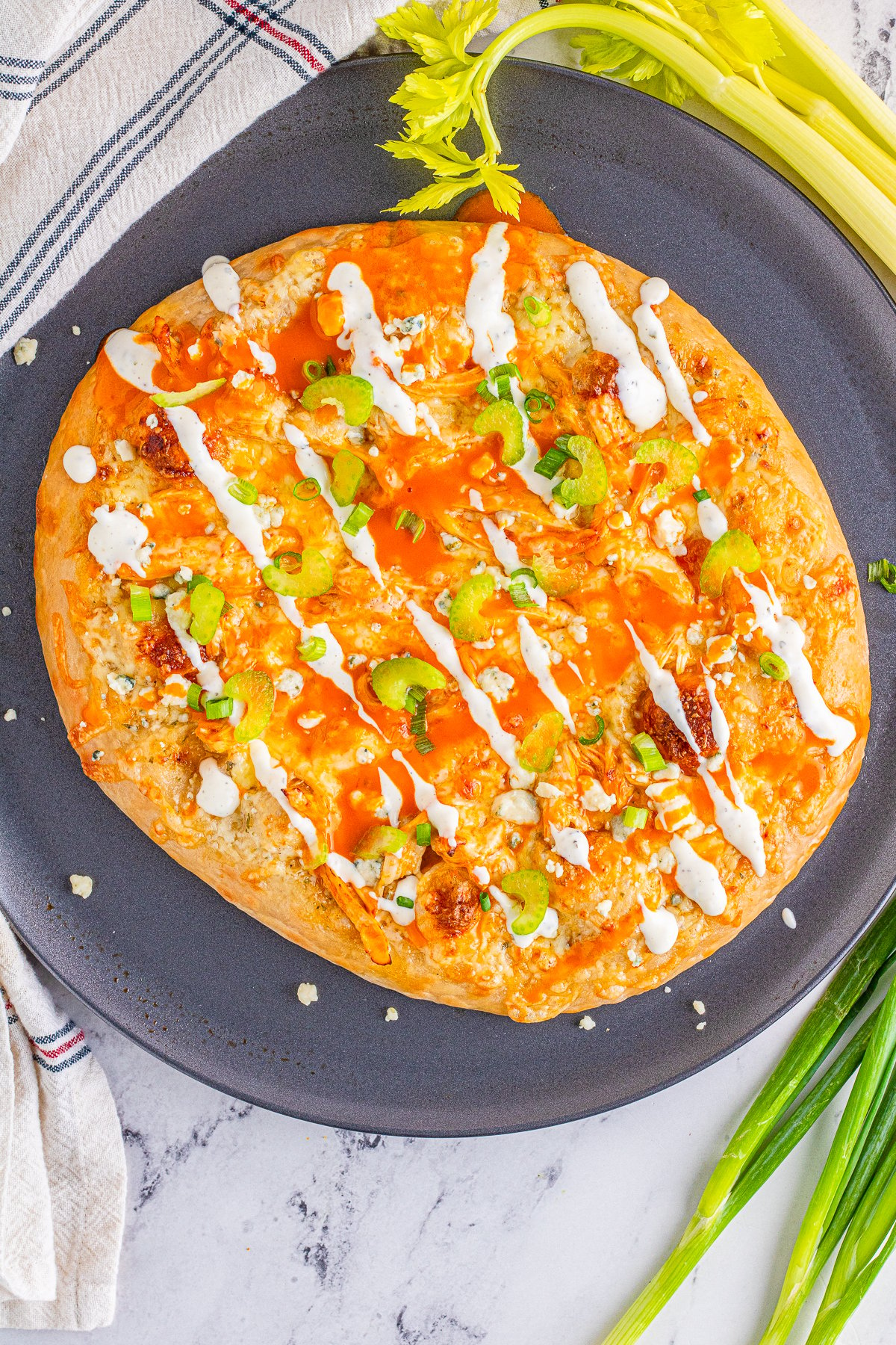 Overhead photo of Finished Buffalo Chicken Pizza.