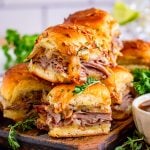 Square image of French Dip Sliders stacked one another.