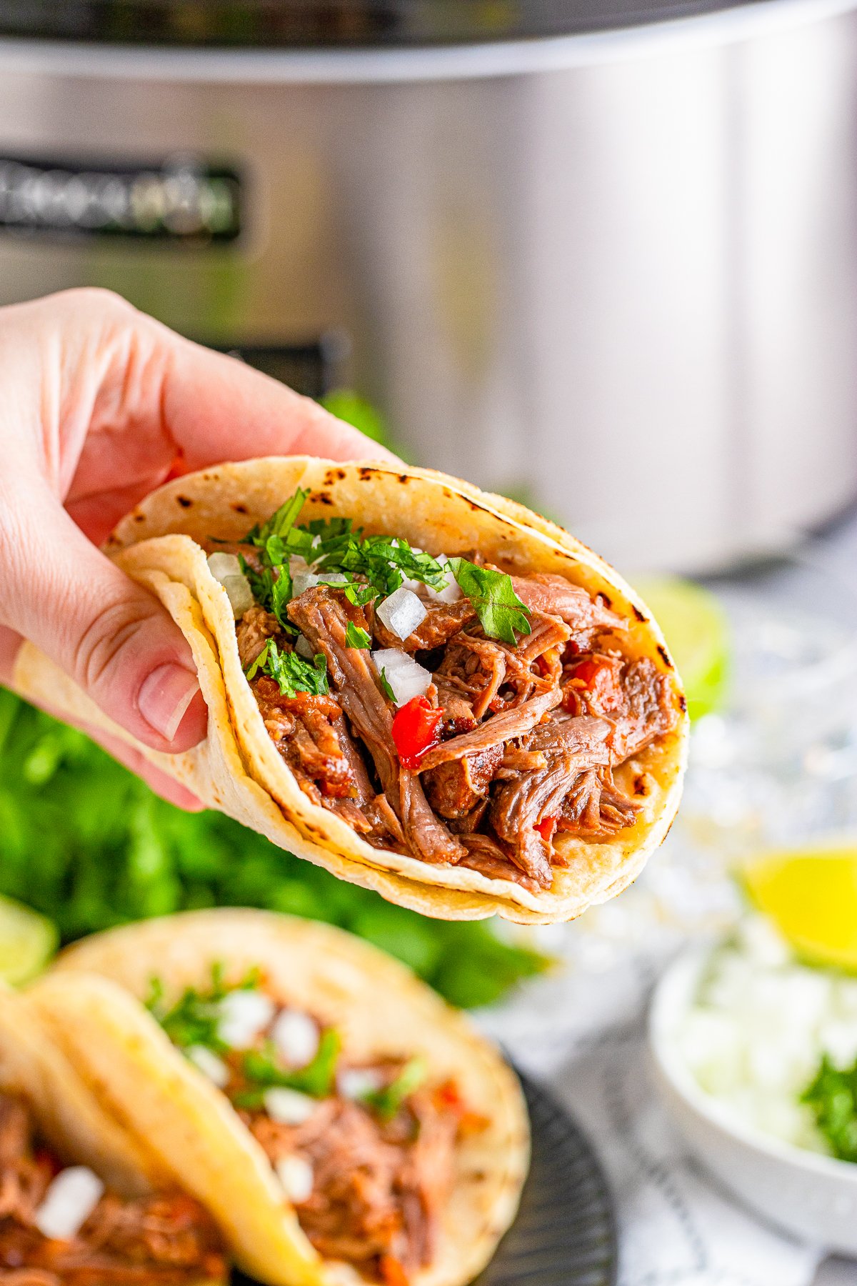Hand holding up one Slow Cooker Shredded Beef Taco.