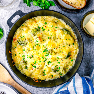 Overhead of Broccoli Gnocchi in skillet.