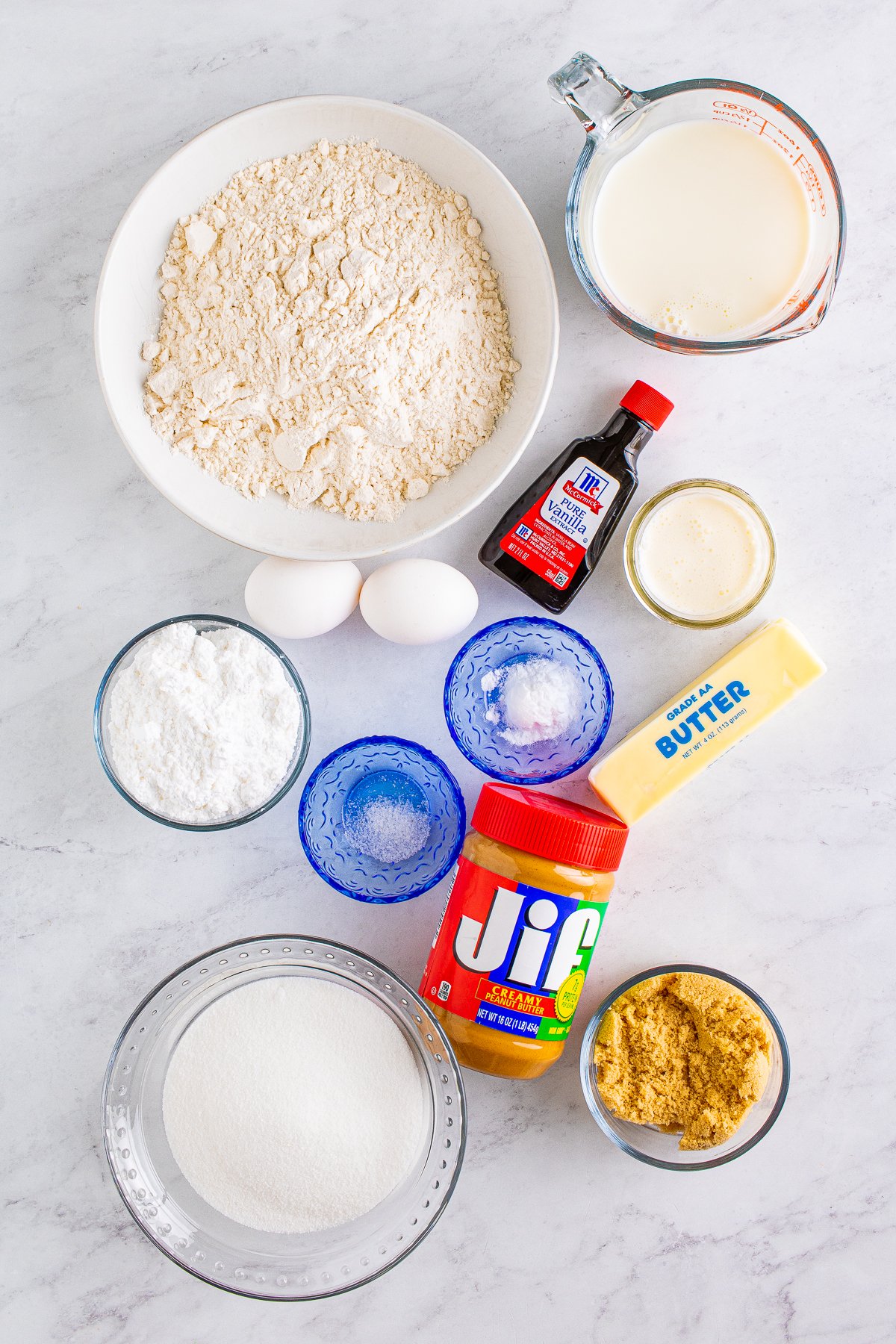 Ingredients needed to make Peanut Butter Cake.