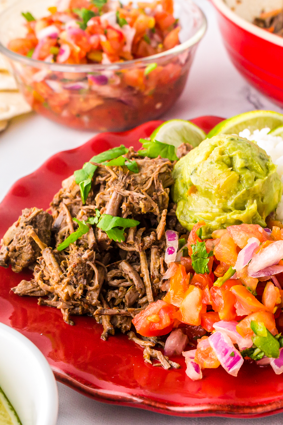 Close up side view of Slow Cooker Barbacoa Recipe on plate with sides.