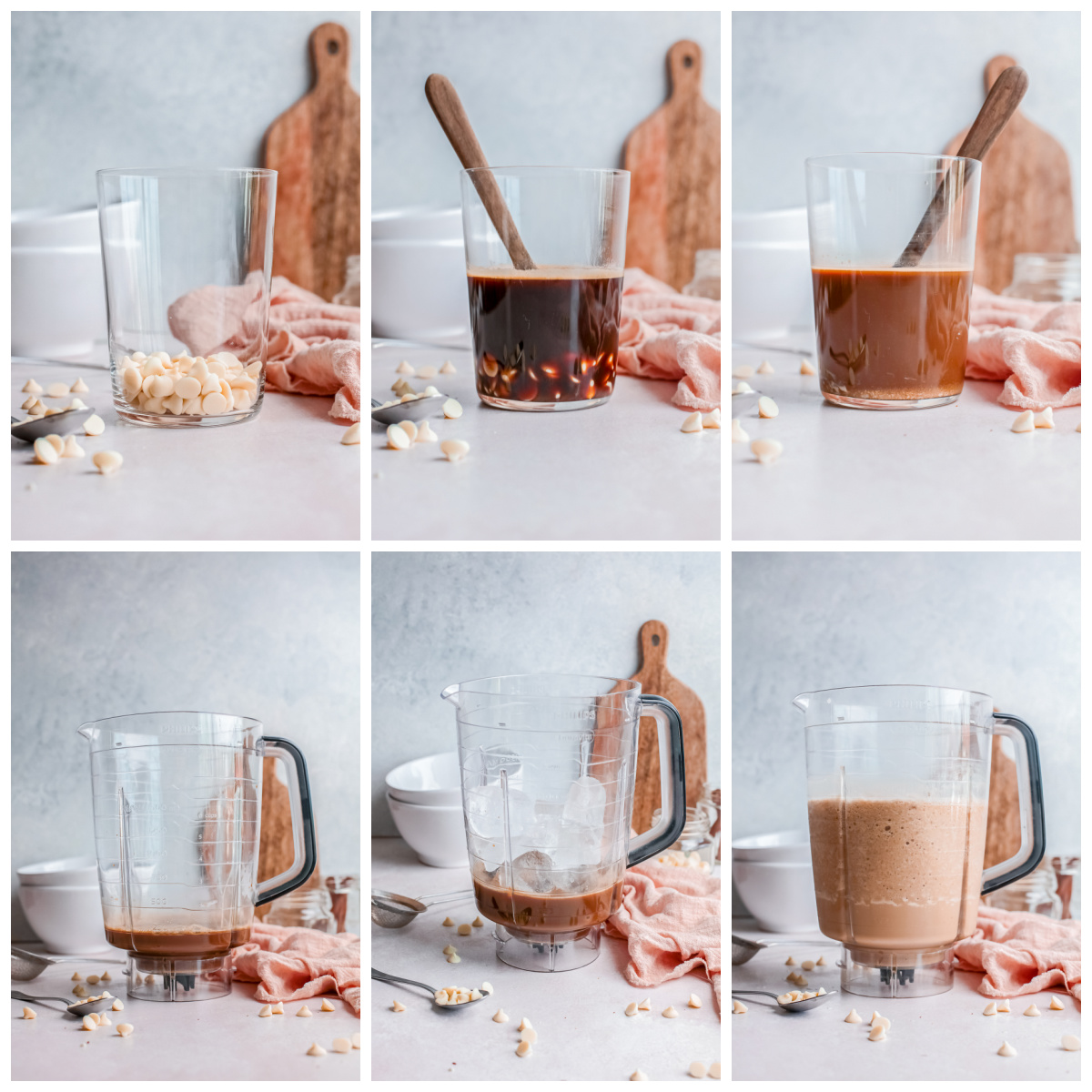 Step by step photos on how to make a White Chocolate Mocha Frappuccino.