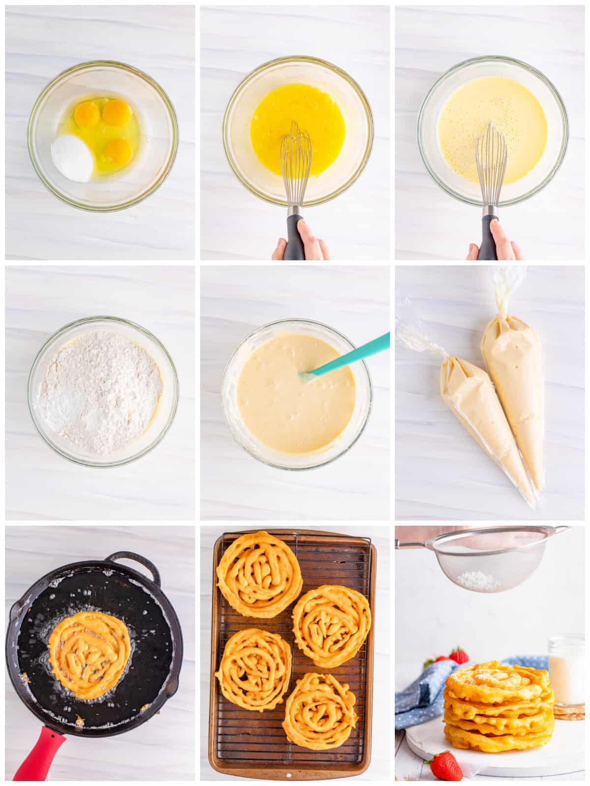 Step by step photos on how to make a Funnel Cake Recipe.