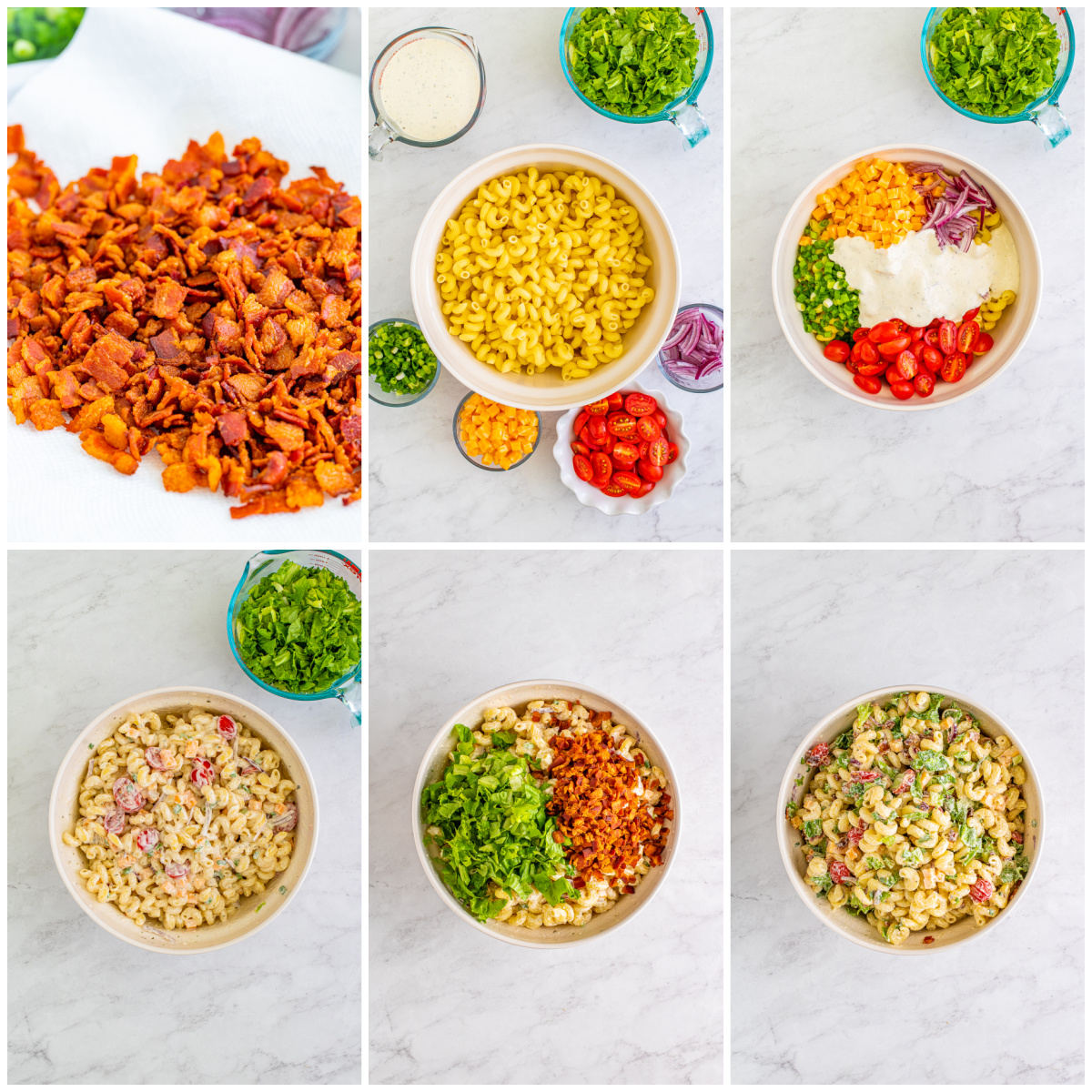 Step by step photos on how to make a Ranch BLT Pasta Salad.