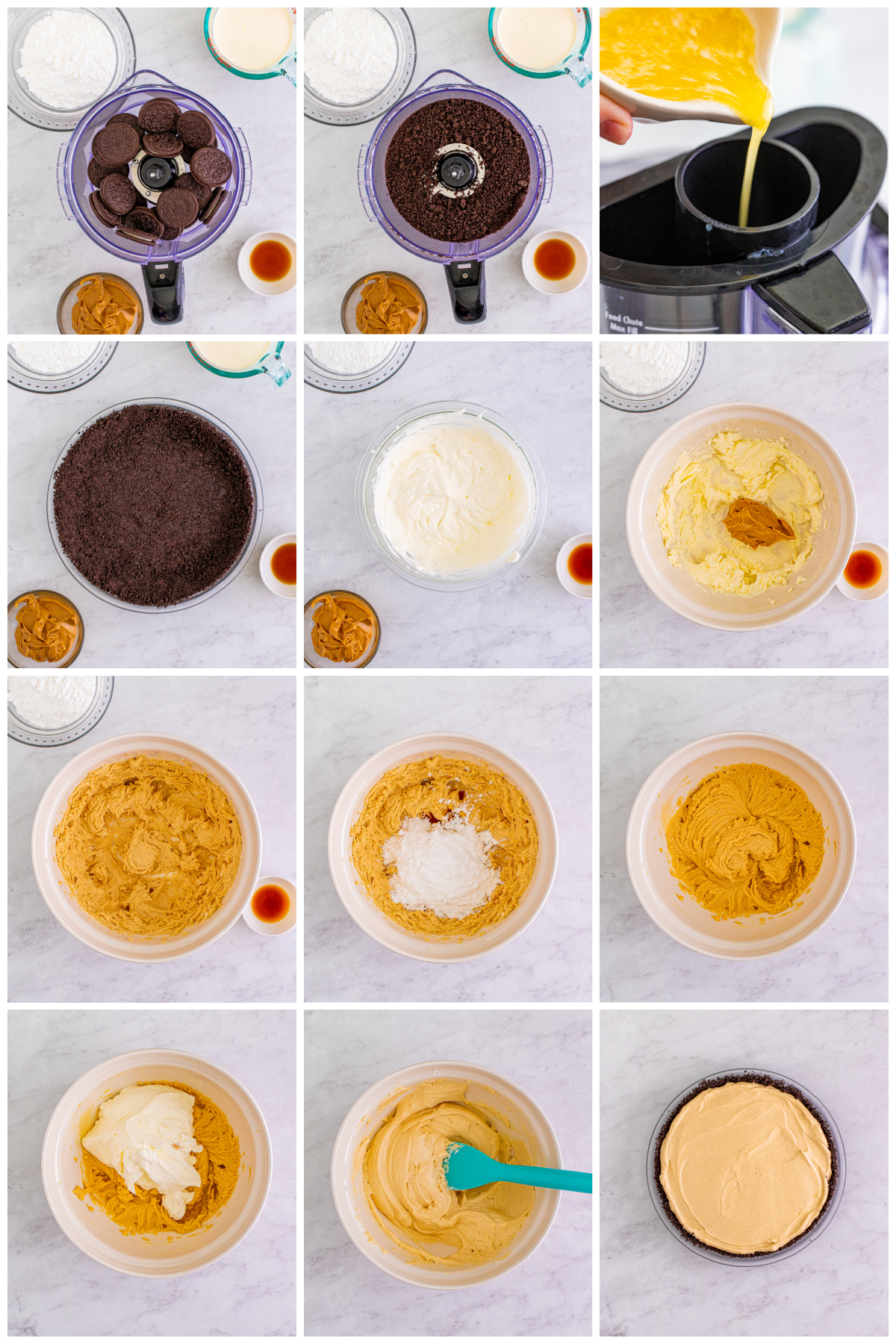 Step by step photos on how to make a No Bake Peanut Butter Pie.