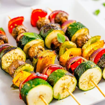 Plated Vegetable Kebabs on white platter.
