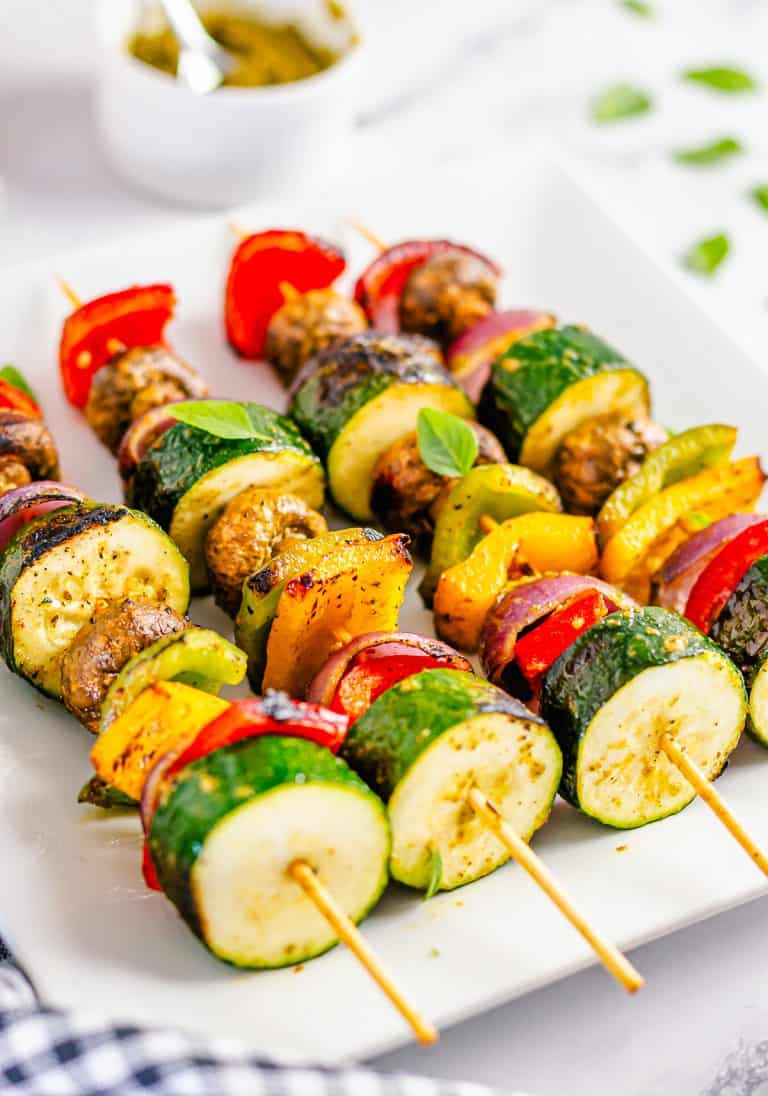 Plated Vegetable Kebabs on white platter.