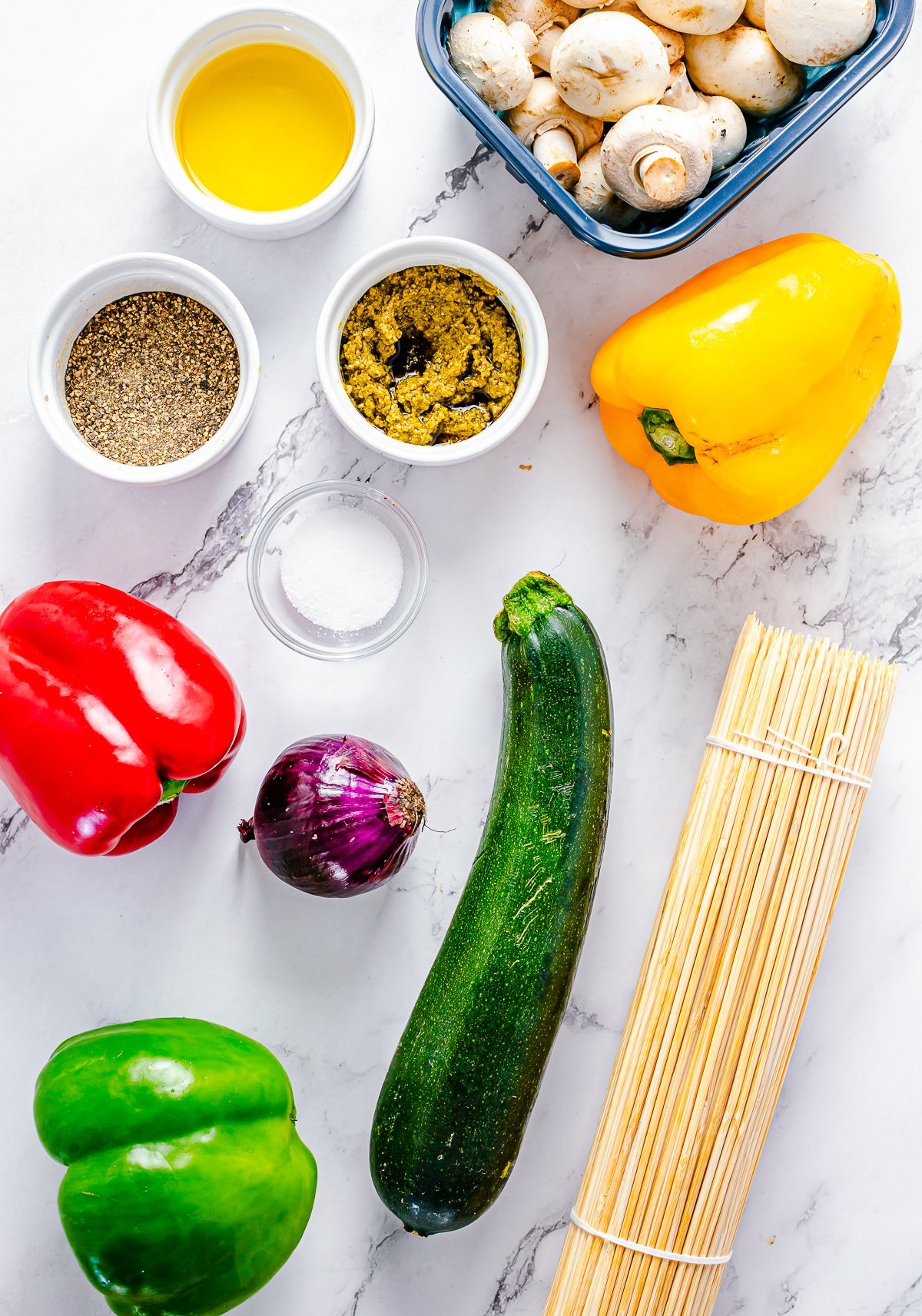 Ingredients needed to make Grilled Vegetable Kebabs.